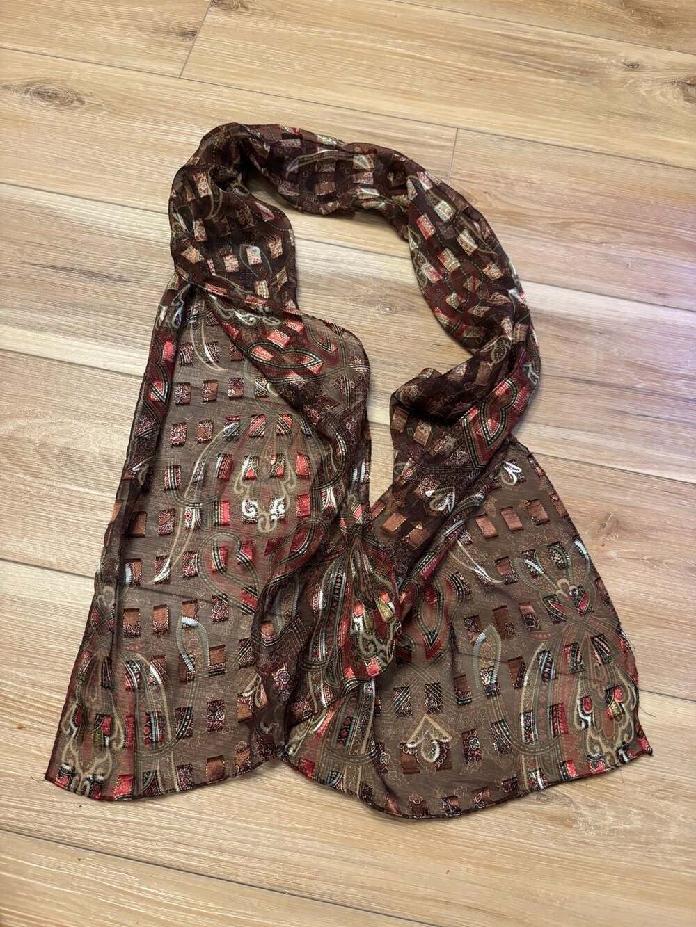 Lightweight Brown and Multi-Colored Paisley Pattern Sheer silk Accent Scarf
